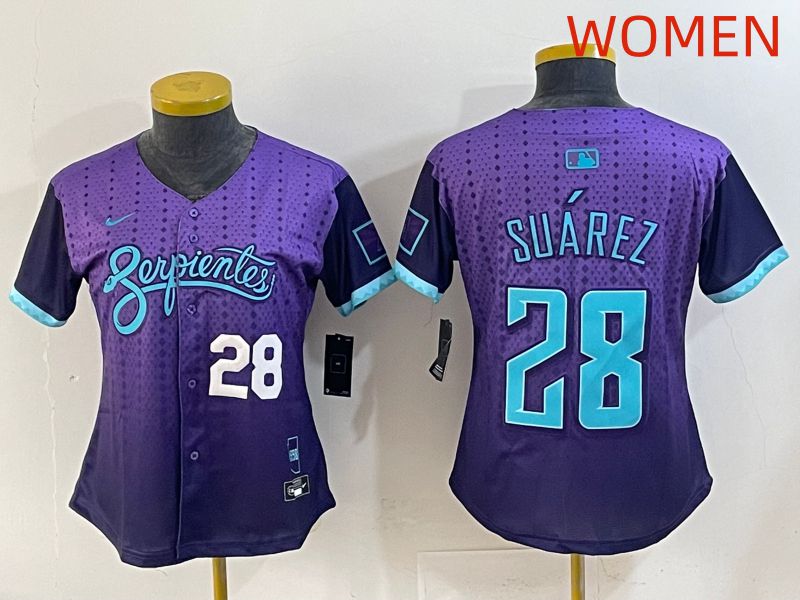 Women 2025 Arizona Diamondback 28 Suarez Purple Joint Name Nike MLB Jersey style 2